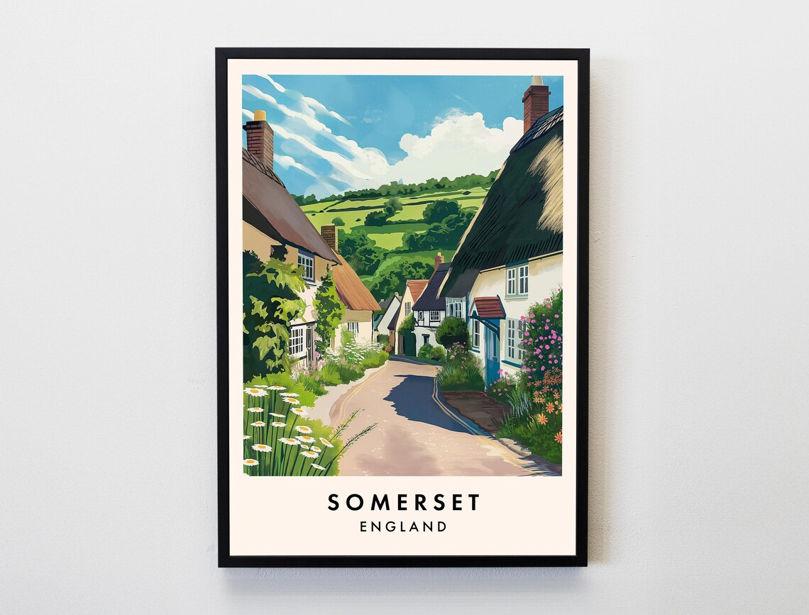 Somerset England Thatched Cottage Village Street Vintage Poster