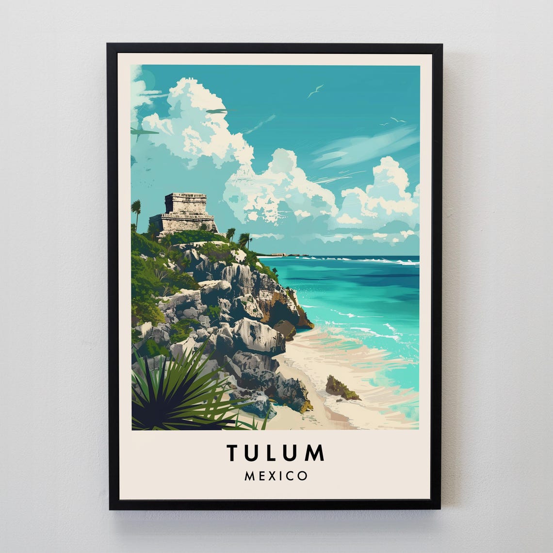 Tulum Mexico Travel Poster with Cliff Ruins and Caribbean Beach