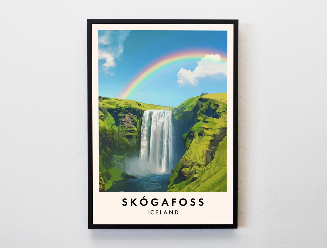 Skógafoss Travel Poster, Iceland Waterfall Art Print