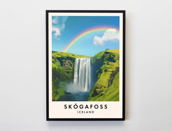 Skógafoss Travel Poster, Iceland Waterfall Art Print