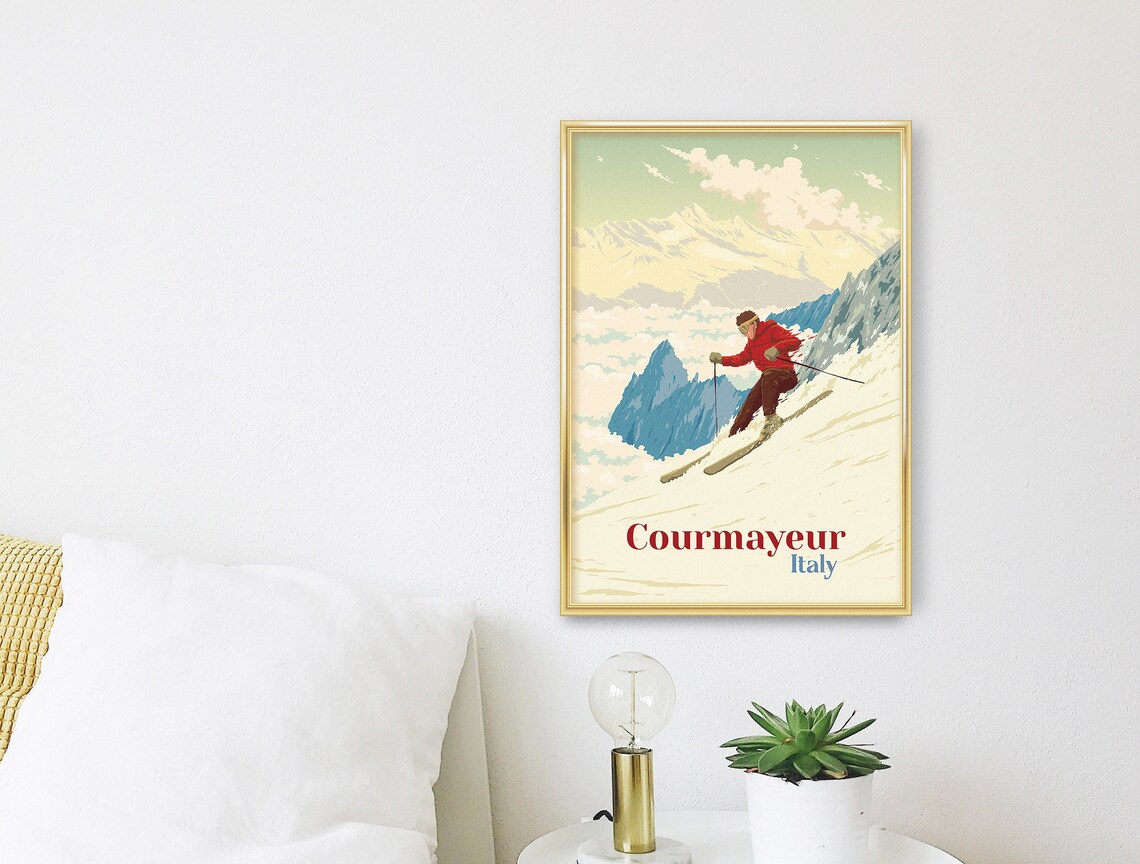Courmayeur Italy Mont Blanc Vintage Skier Descent Travel Poster - Image 3