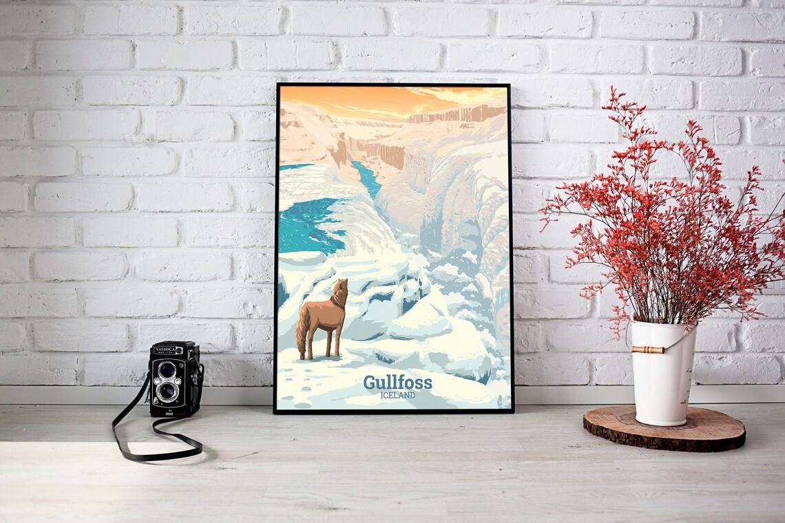 Gullfoss Waterfall Iceland Retro Travel Poster - Image 3