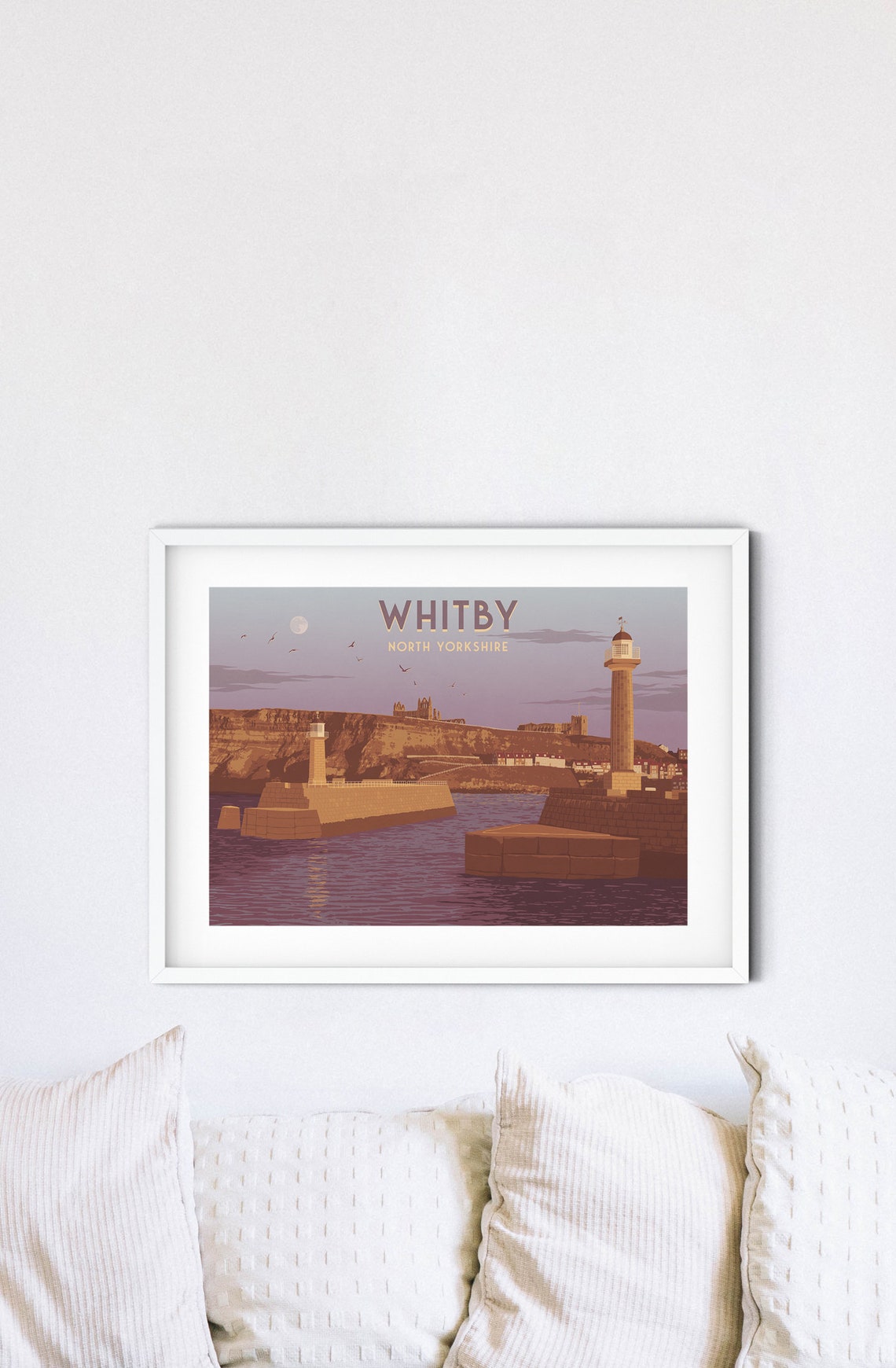 Whitby North Yorkshire Lighthouses Abbey Cliff Dusk Scene Poster - Image 4