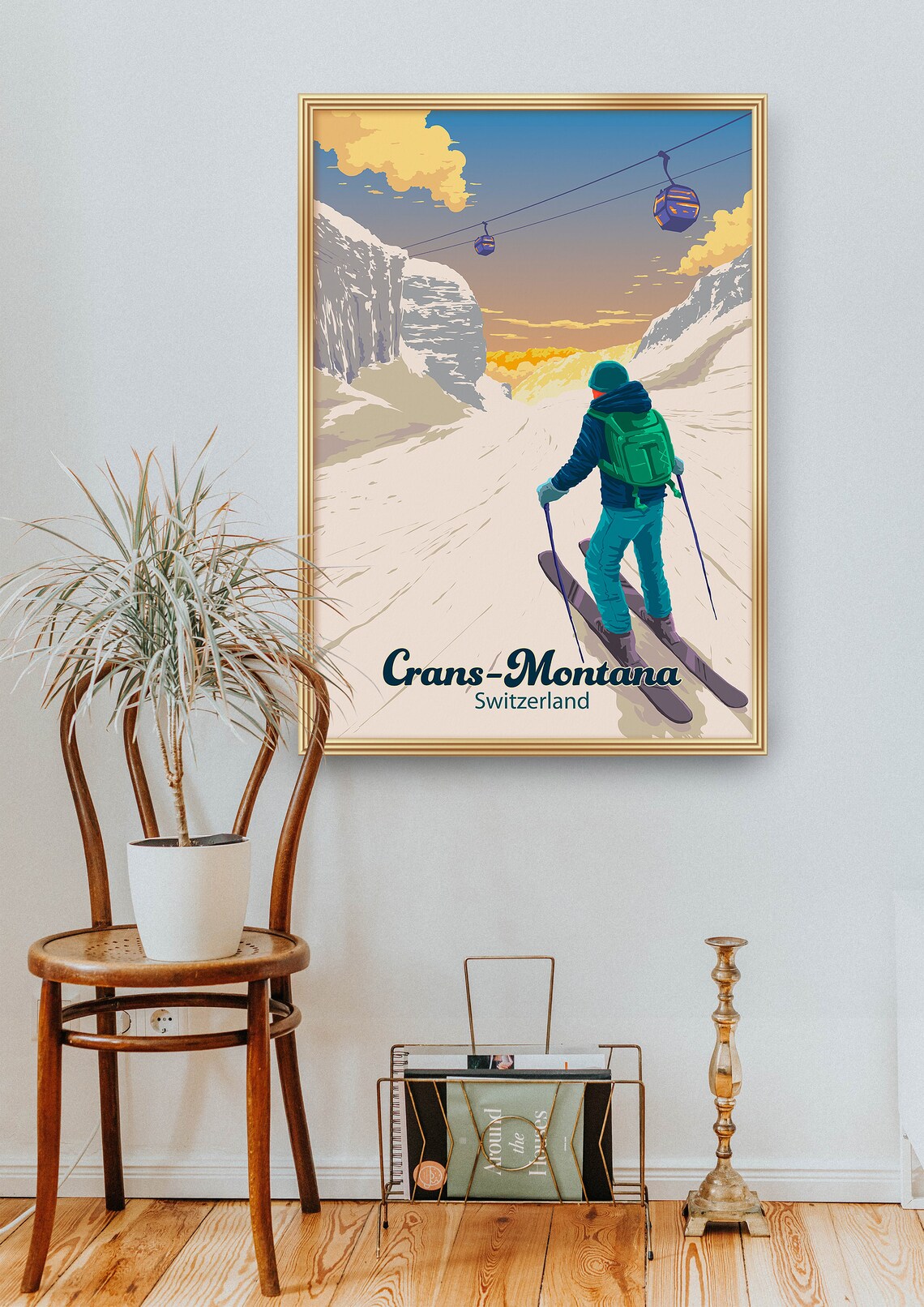 Crans Montana Swiss Alps Retro Skiing Travel Poster - Image 2