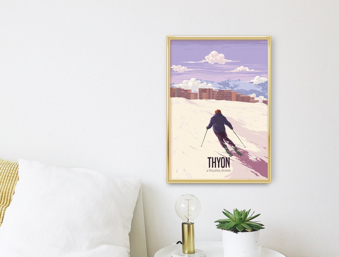 Thyon Swiss Alps Skier Carving Snow Resort Mountain View Poster - Image 3