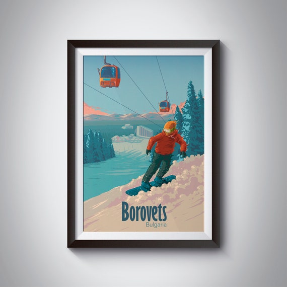 Borovets Snowboarding Poster Bulgaria Travel Print Skiing Wall Art Snowboard Ski Gondola Print Rila Mountains Bansko Ski Resort Gift