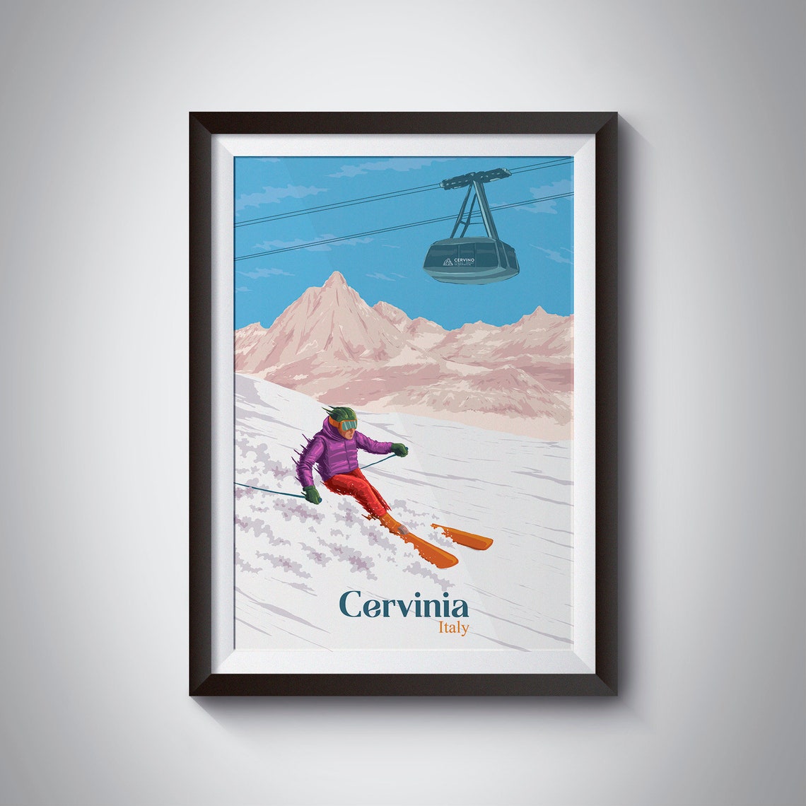 Cervinia Italy Powder Ski Slope Beneath Cable Car Travel Poster