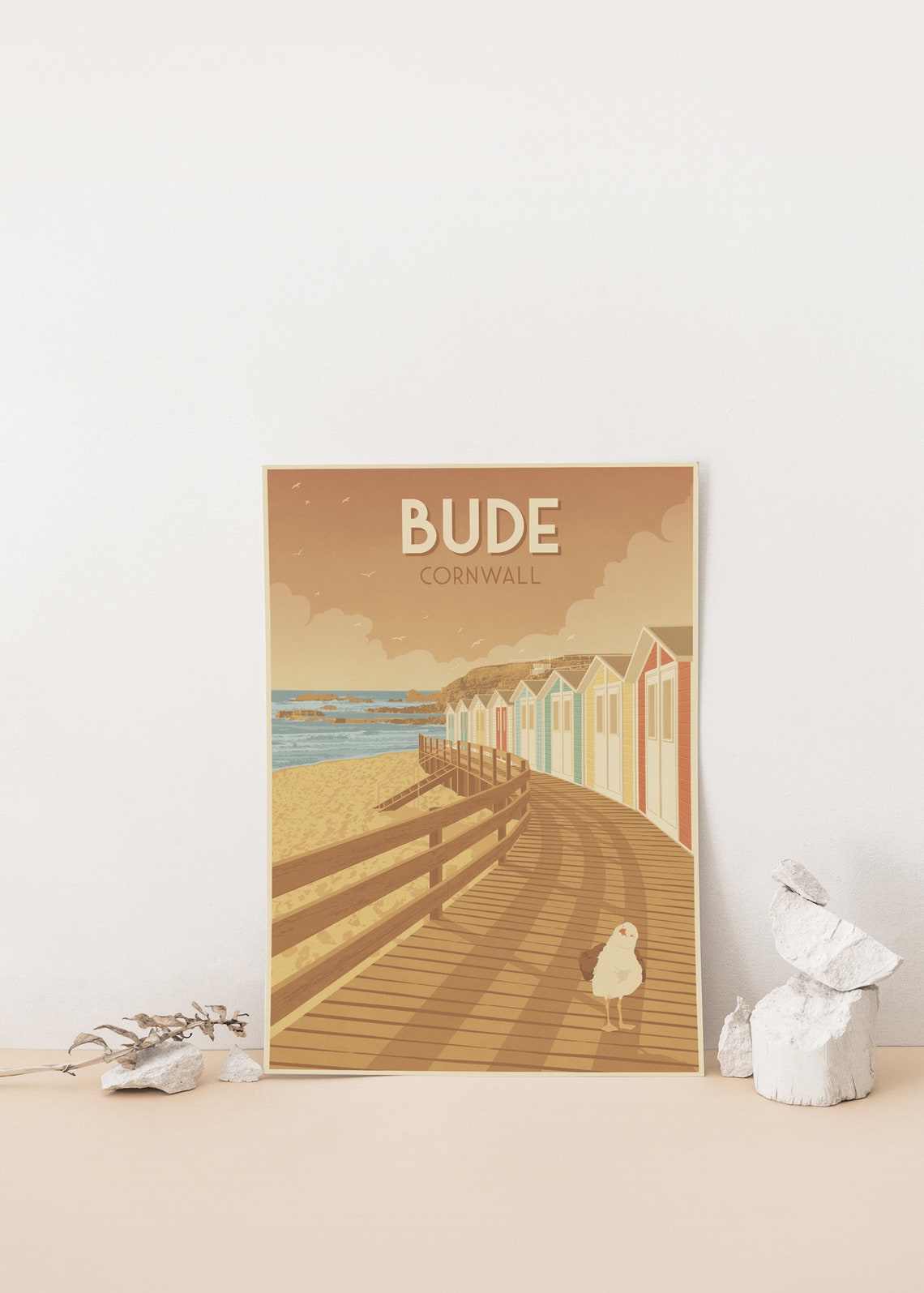 Bude Cornwall Beach Huts Boardwalk Seagull Vintage Retro Travel Poster - Image 4