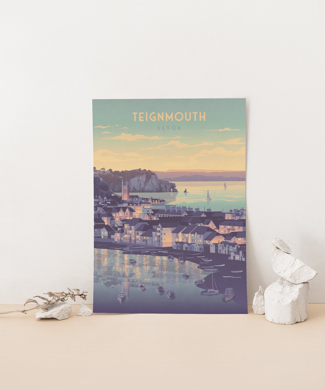 Teignmouth Devon Twilight Harbour Sailing Boats Reflection Poster - Image 4