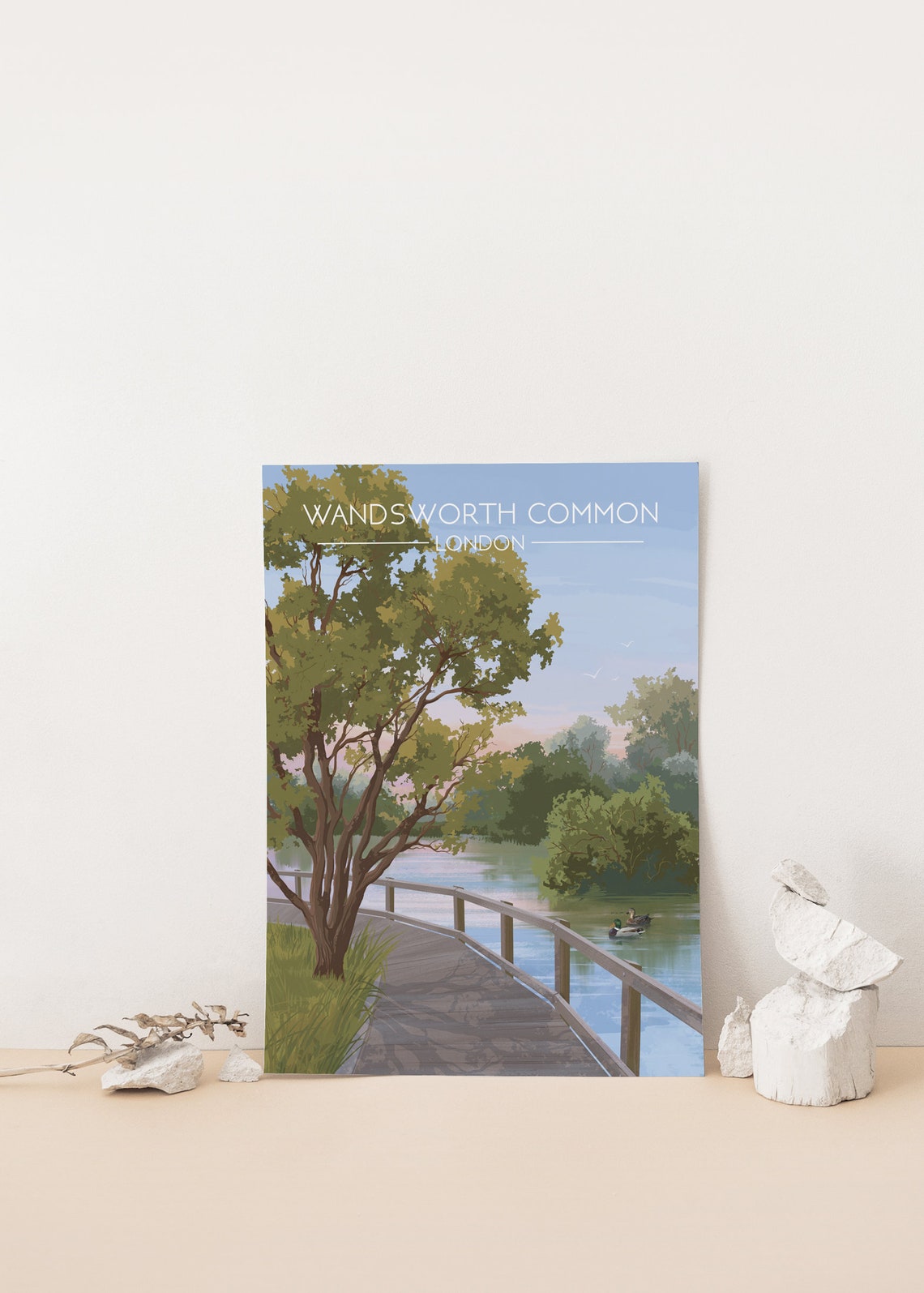 Wandsworth Common London Travel Poster Boardwalk Bridge Pond Ducks - Image 4