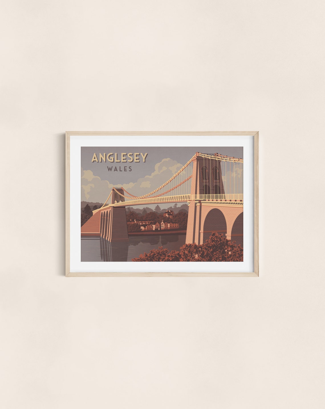 Anglesey Wales Menai Suspension Bridge Riverside Town Scene Art Poster - Image 3