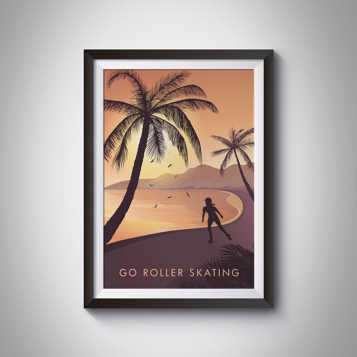 Go Roller Skating Beach Sunset Palm Silhouette Vintage Poster