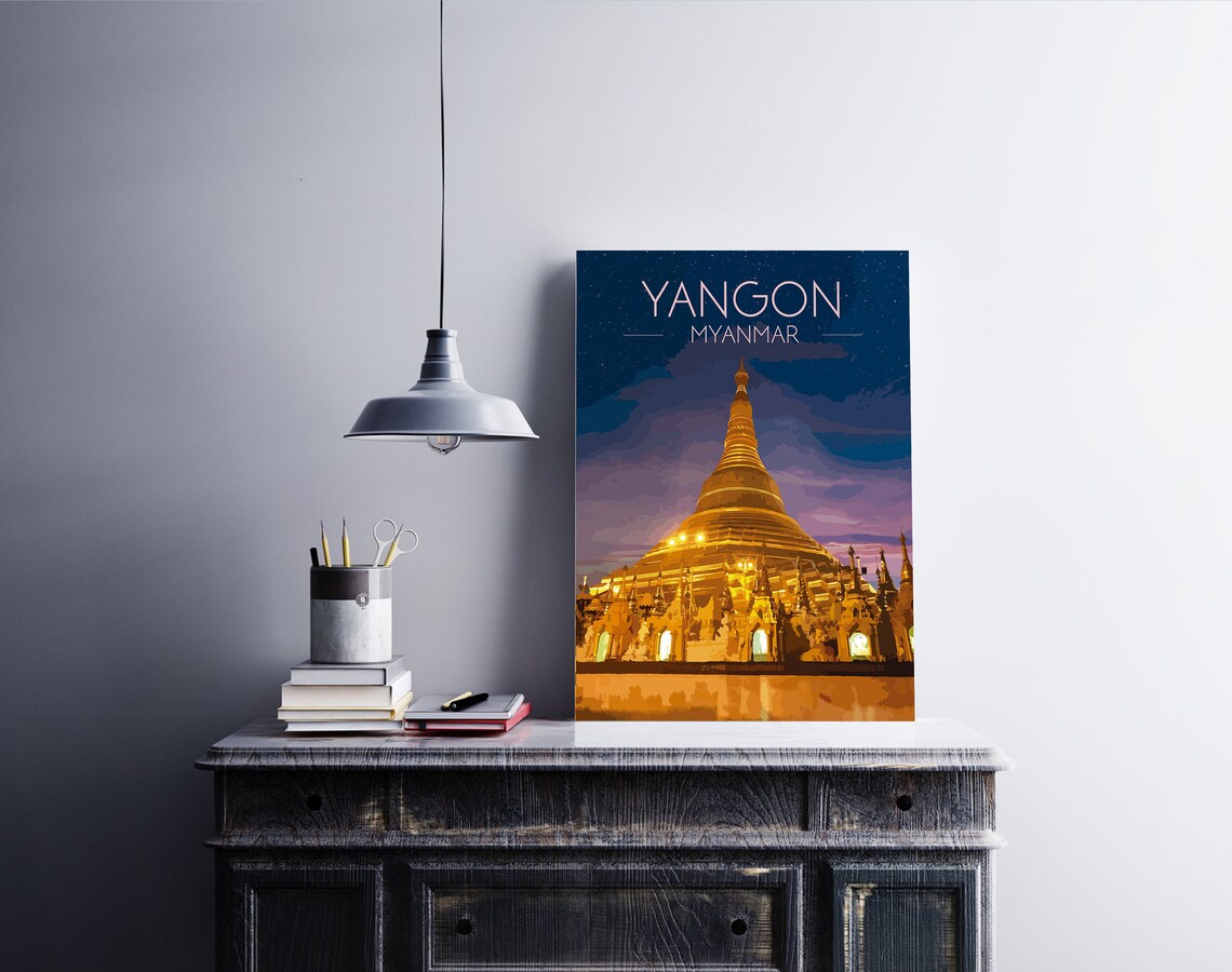 Yangon Myanmar Shwedagon Pagoda Night Golden Temple Starry Travel Poster - Image 2