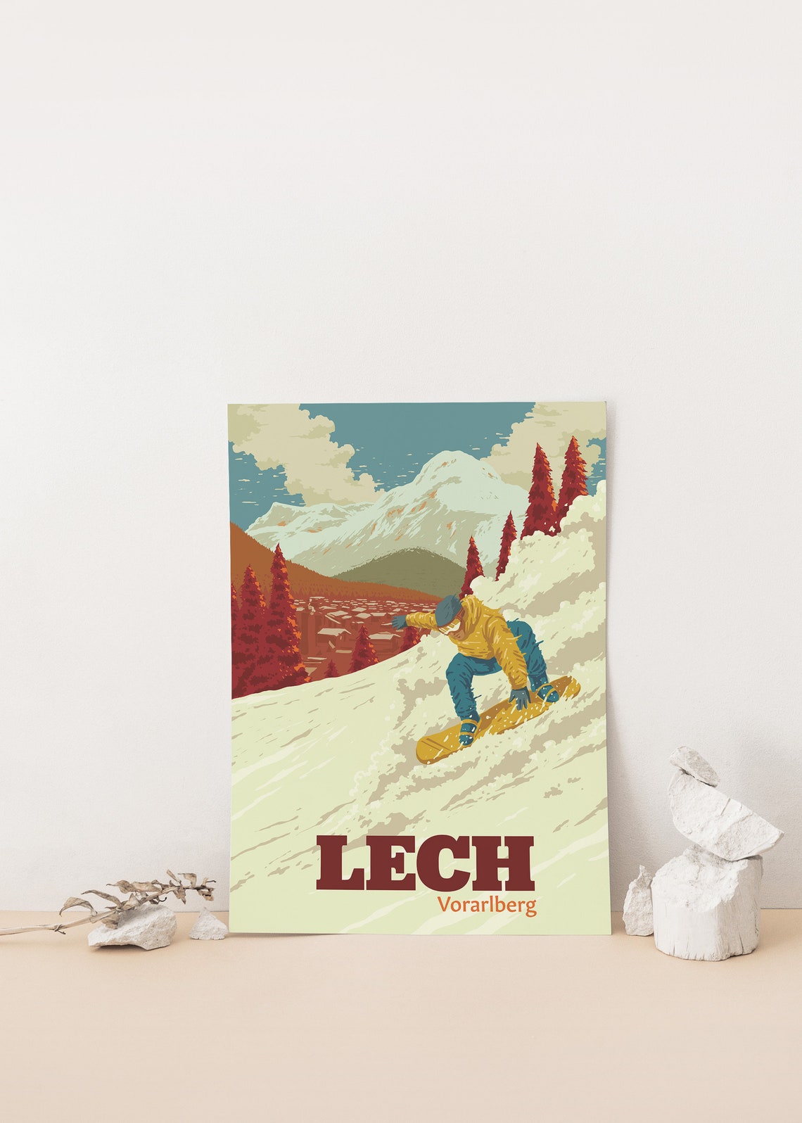 Lech Vorarlberg Austria Vintage Snowboard Carve Slope Travel Poster - Image 4