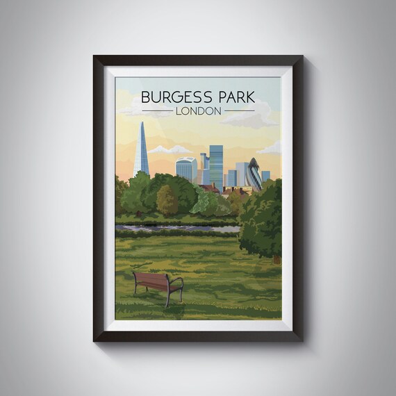 Burgess Park London Travel Poster, Southwark Skyline