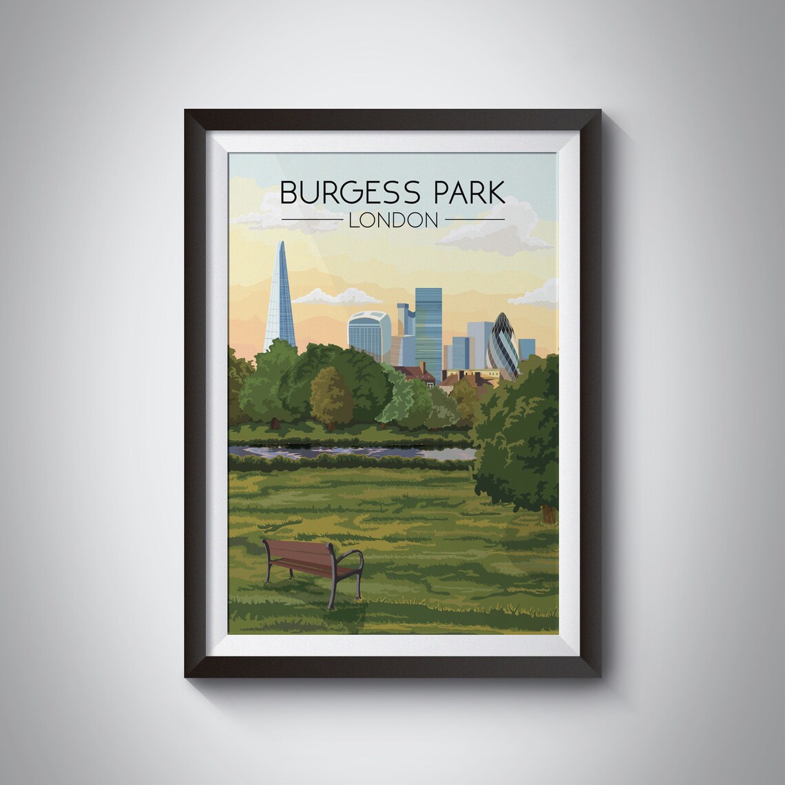 Burgess Park London Travel Poster, Southwark Skyline