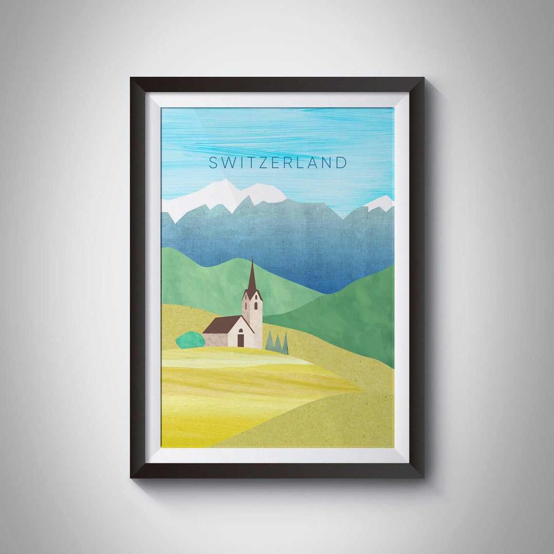 Switzerland Alpine Chapel Snowcapped Peaks Minimalist Travel Poster