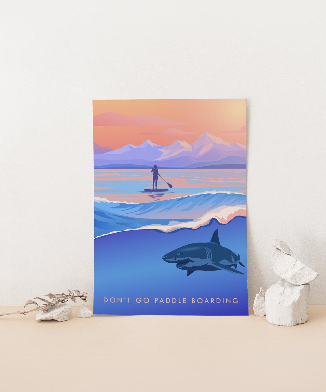 Don't Go Paddle Boarding Funny Shark Ocean Sunset Vintage Poster - Image 4