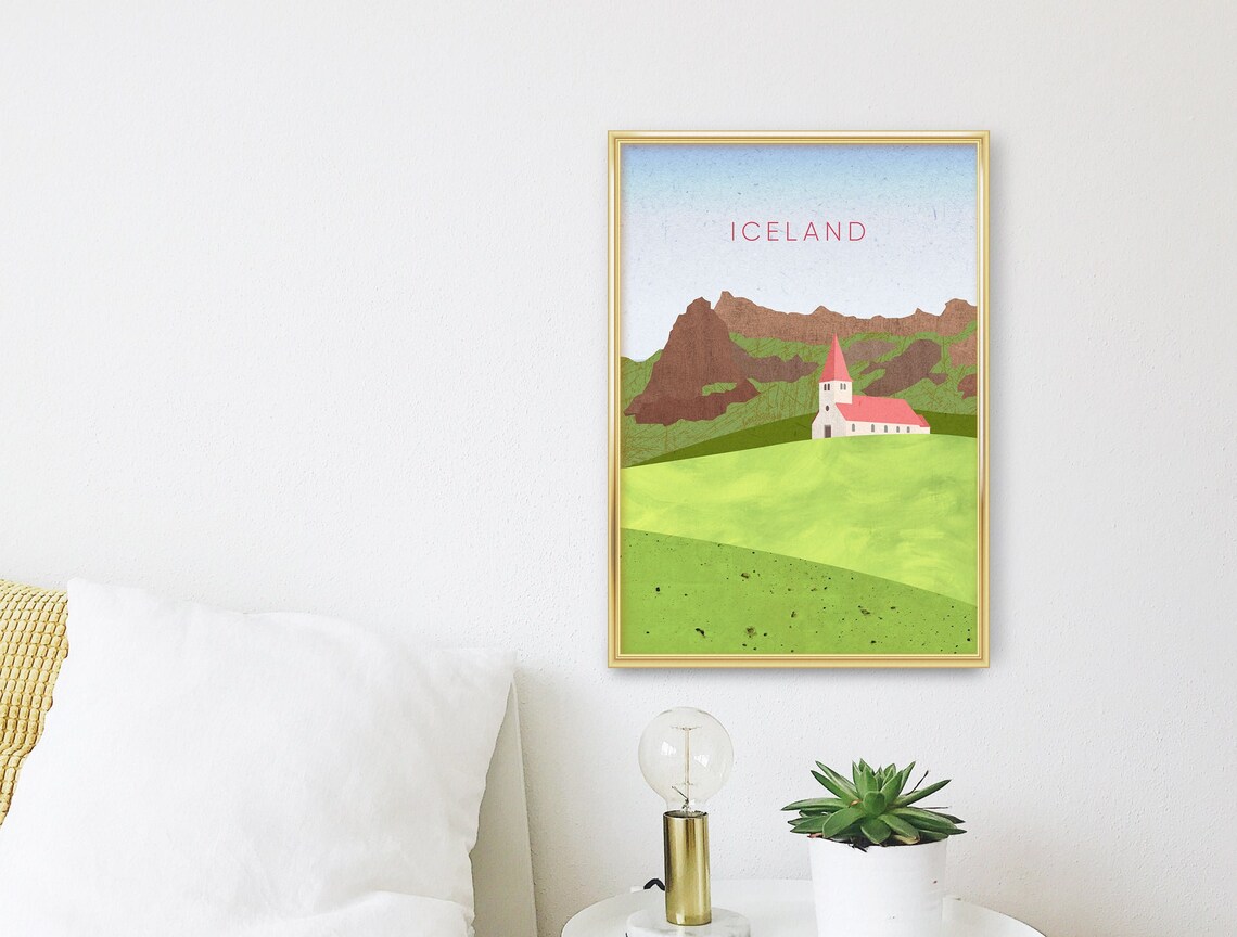 Iceland Red Roofed Church Green Valley Volcanic Peaks Poster - Image 3