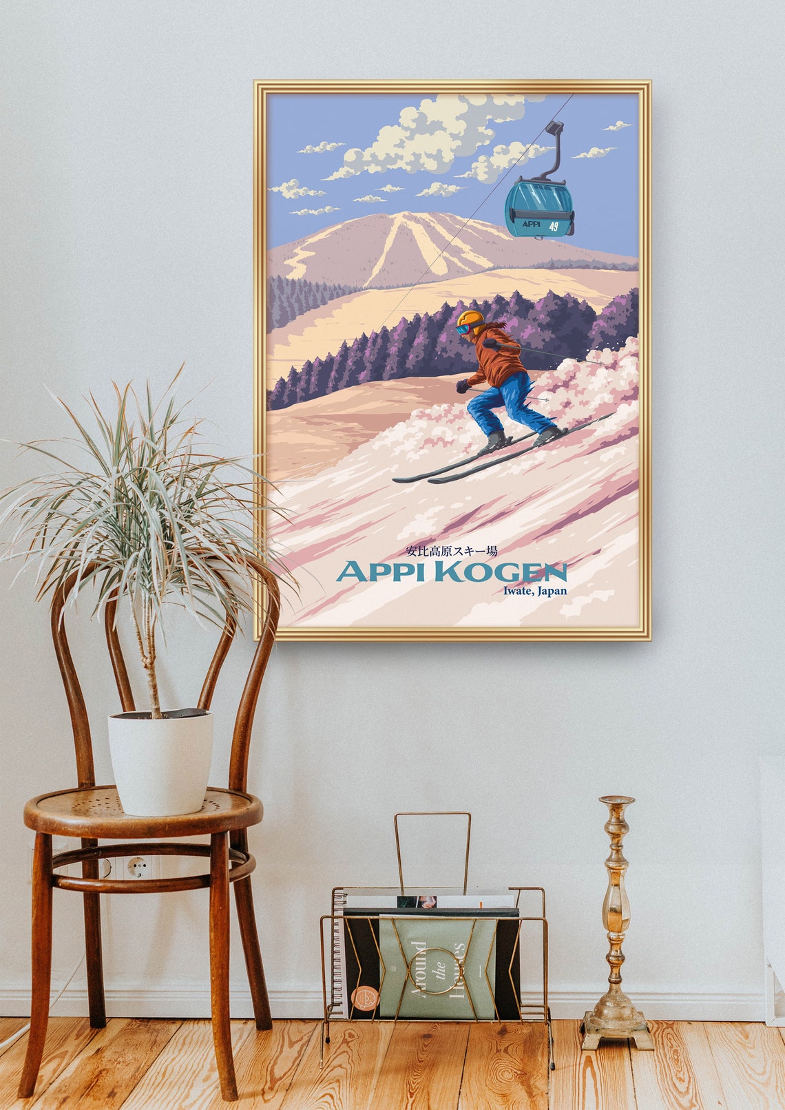 Appi Kogen Iwate Japan Vintage Ski Poster Skier Gondola Cabin Scene - Image 2