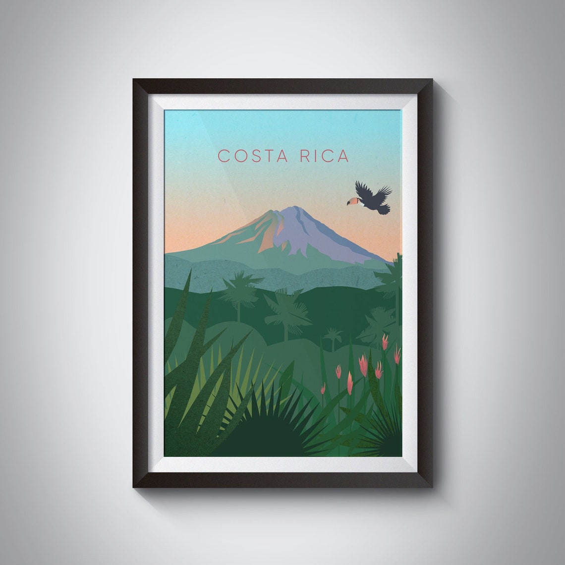 Costa Rica Volcano Sunset Minimalist Poster, Toucan Jungle Travel Art