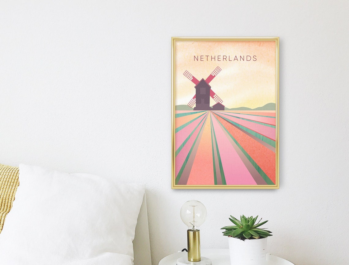 Netherlands Windmill Tulip Fields Minimalist Poster, Dutch Sunset Art - Image 3