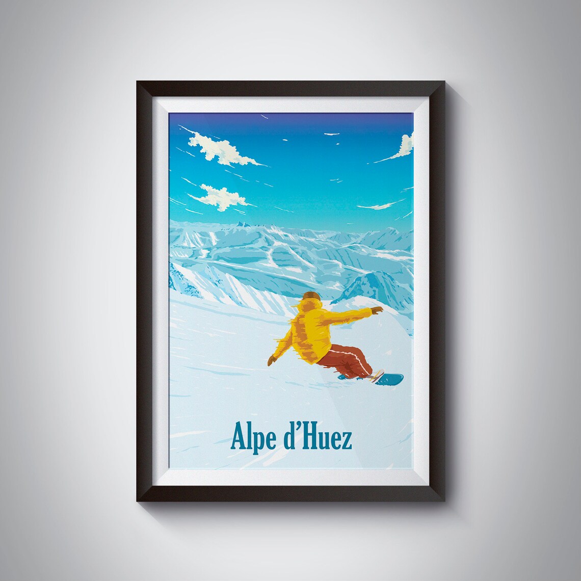 Alpe D'Huez Snowboarding Poster, Retro Ski Travel Poster