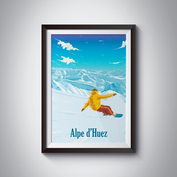 Alpe D'Huez Snowboarding Poster, Retro Ski Travel Poster