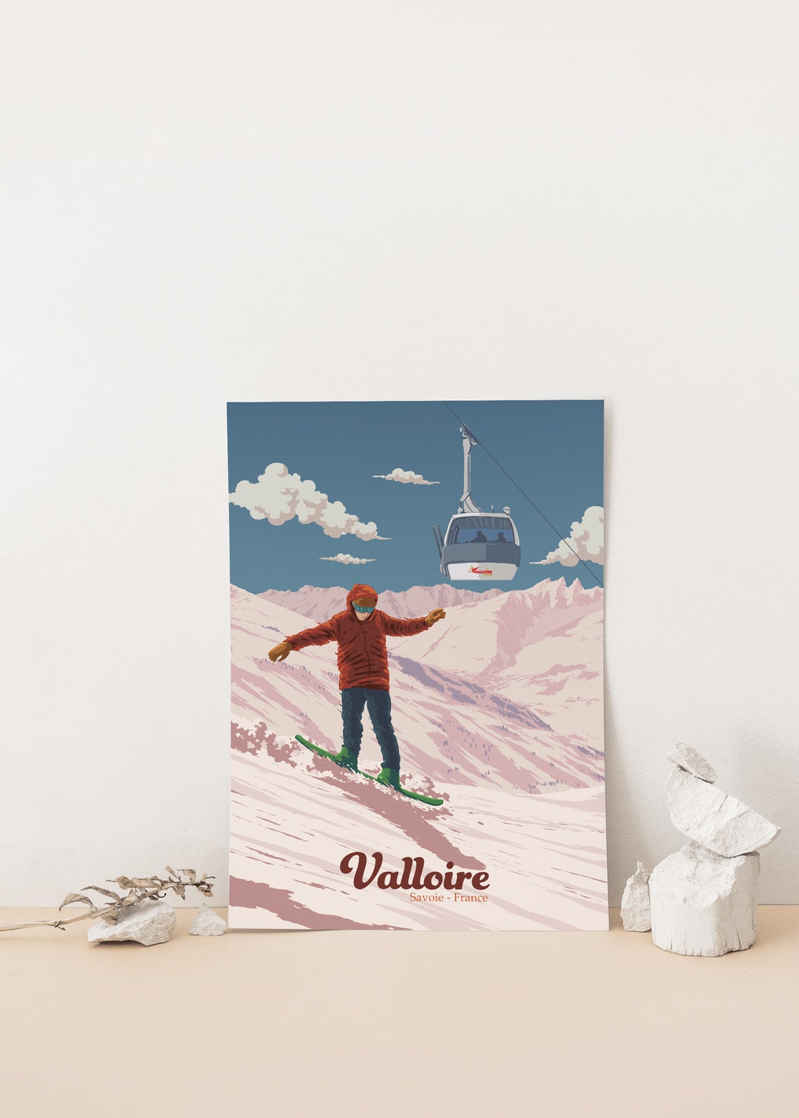 Valloire Savoie France Snowboarder Cable Car Alpine Art Poster - Image 4