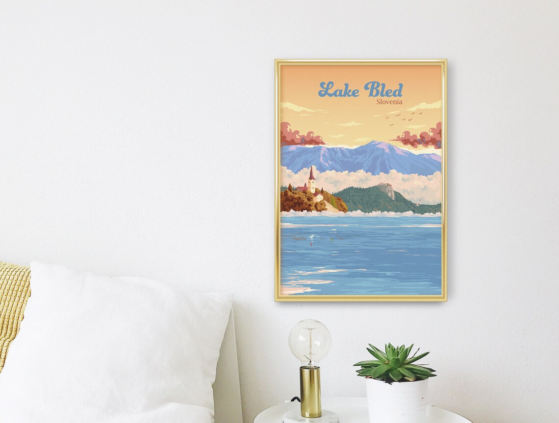 Lake Bled Poster Slovenia Travel Print Julian Alps Bled Castle Lake Bled Island Triglav National Park Nature Wall Art Vintage Print - Image 3