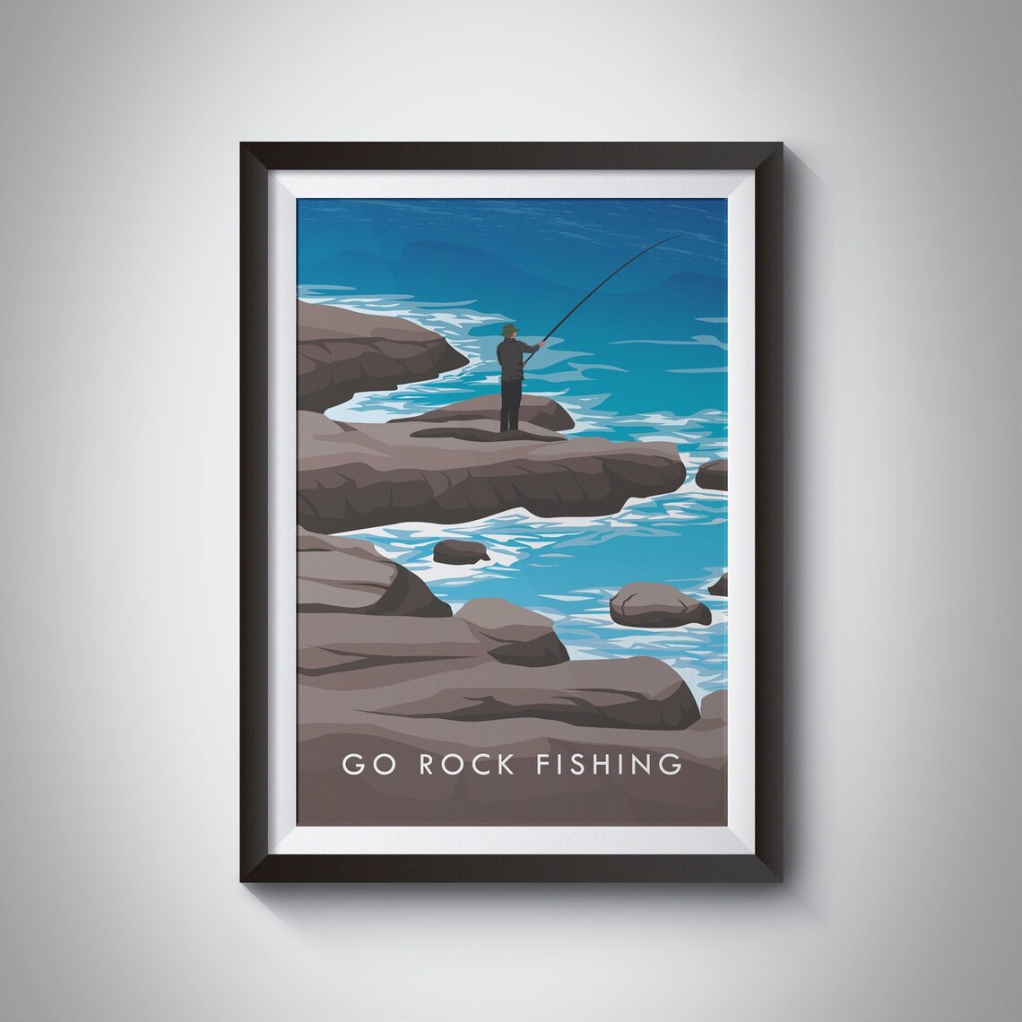 Go Rock Fishing Coastal Angler Rocky Shore Retro Outdoor Travel Poster