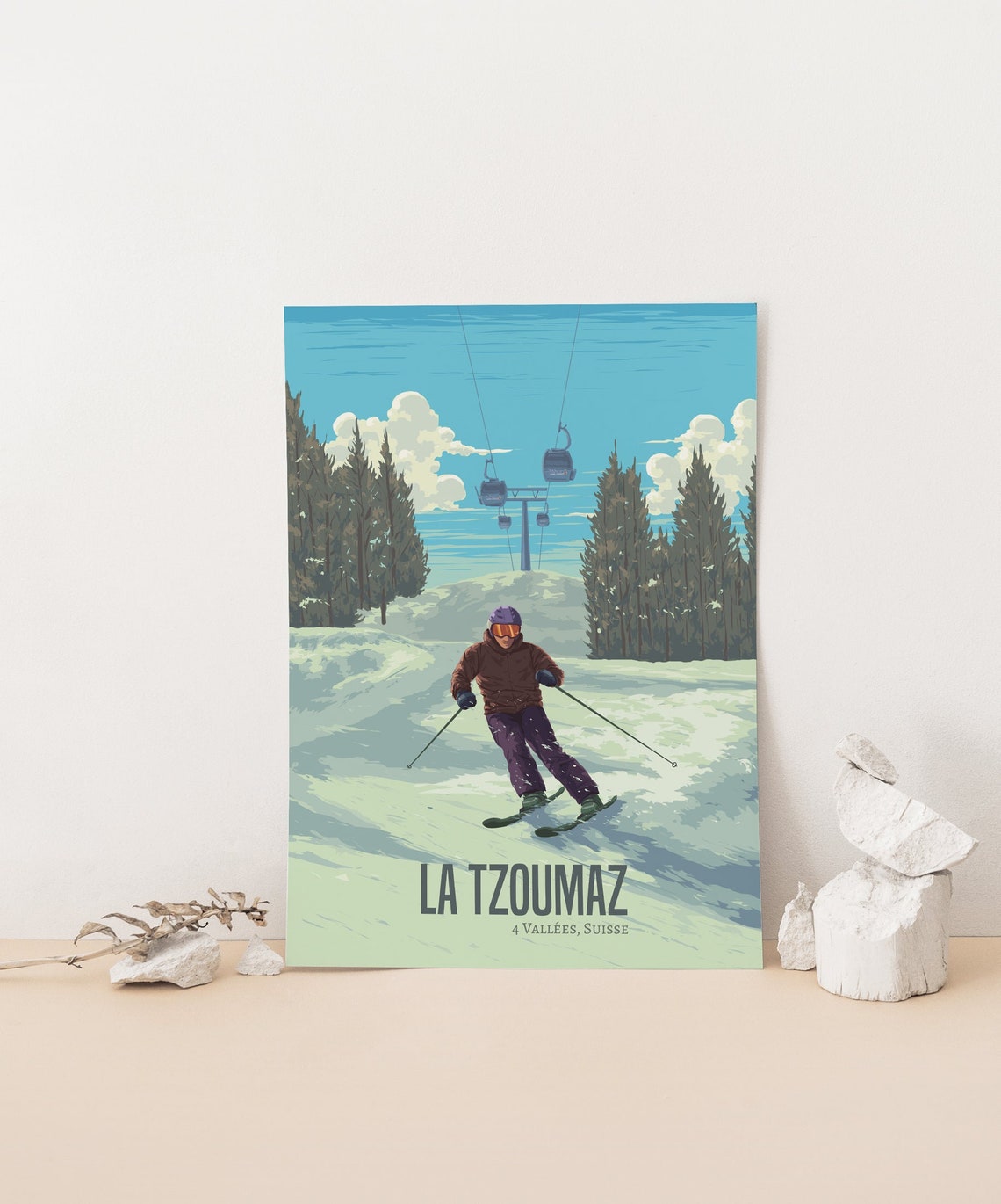 La Tzoumaz Swiss Alps Ski Slope Gondola Skier Action Scene Poster - Image 4