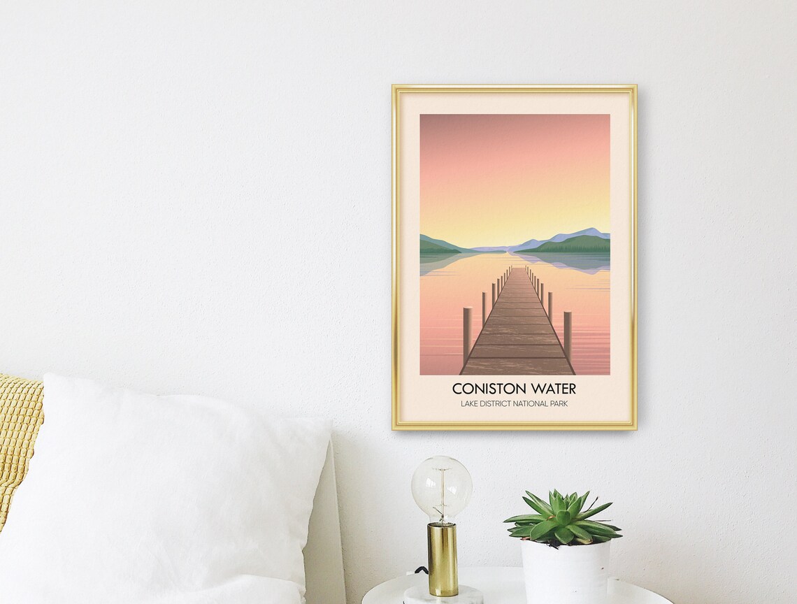 Coniston Water Lake District National Park Sunset Wooden Jetty Travel Poster - Image 2