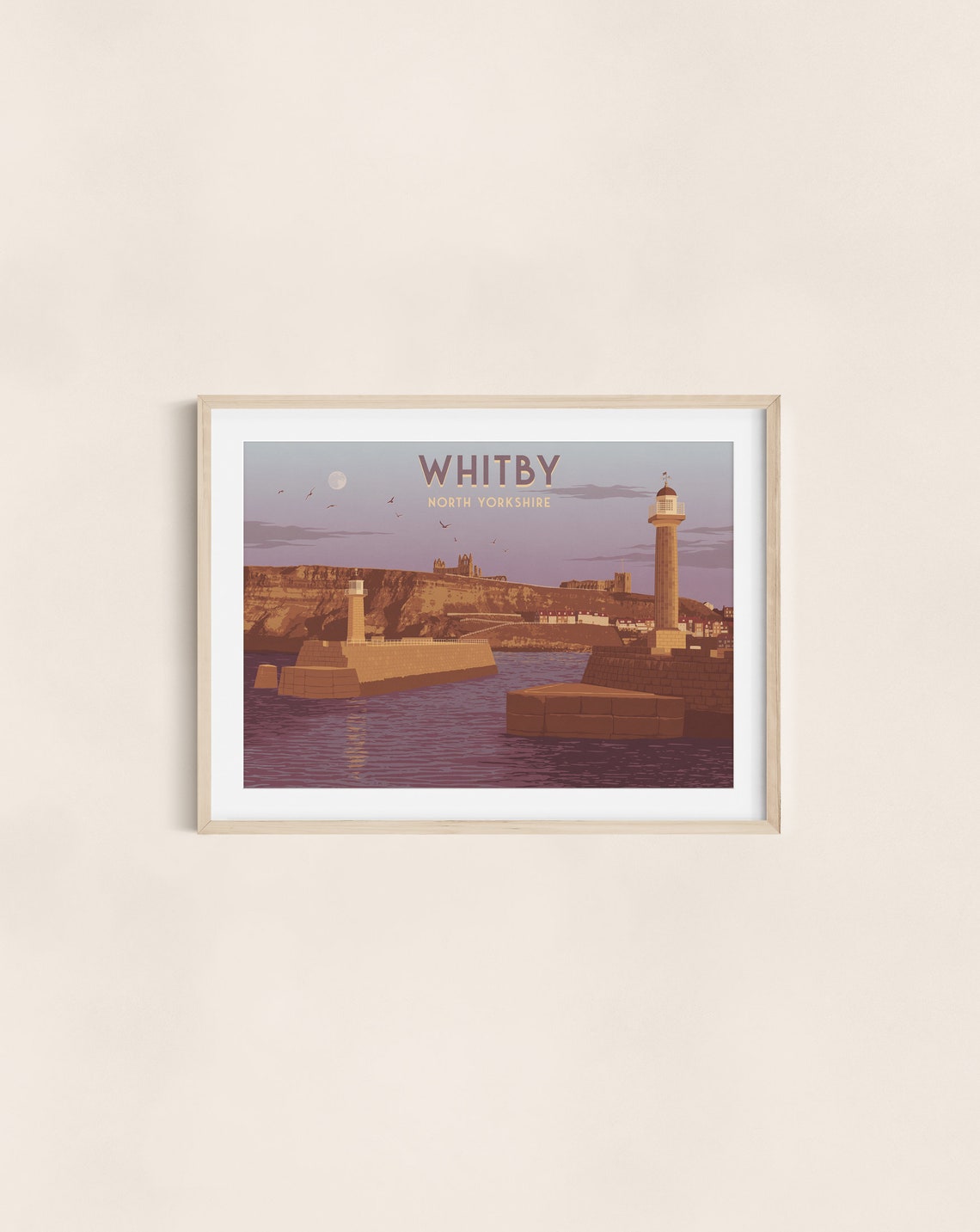 Whitby North Yorkshire Lighthouses Abbey Cliff Dusk Scene Poster - Image 3