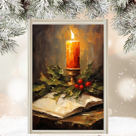 Glowing Christmas Candle Open Book Holly Berries Still Life Poster
