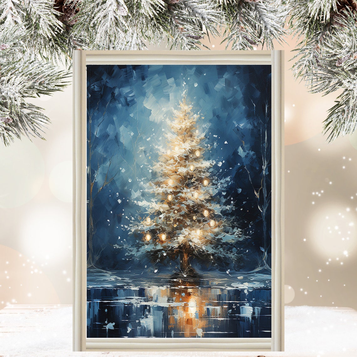 Snow Covered Christmas Tree Golden Lights Blue Winter Night Poster