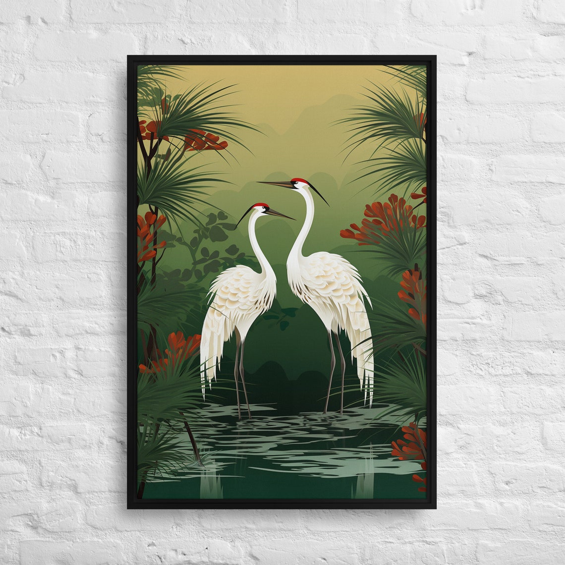 Japanese Red Crowned Cranes Illustration Poster in Tropical Wetland