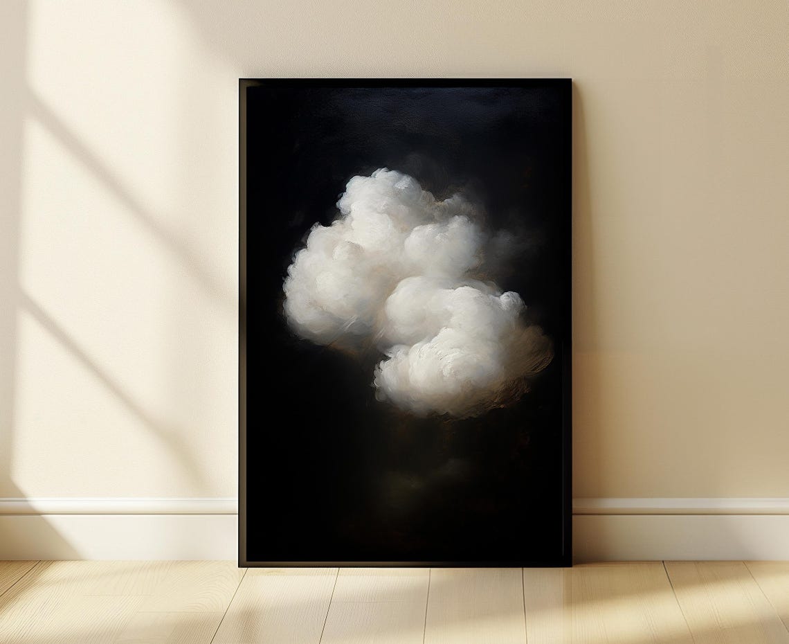 Single White Cloud Drifting on a Black Minimalist Background Poster