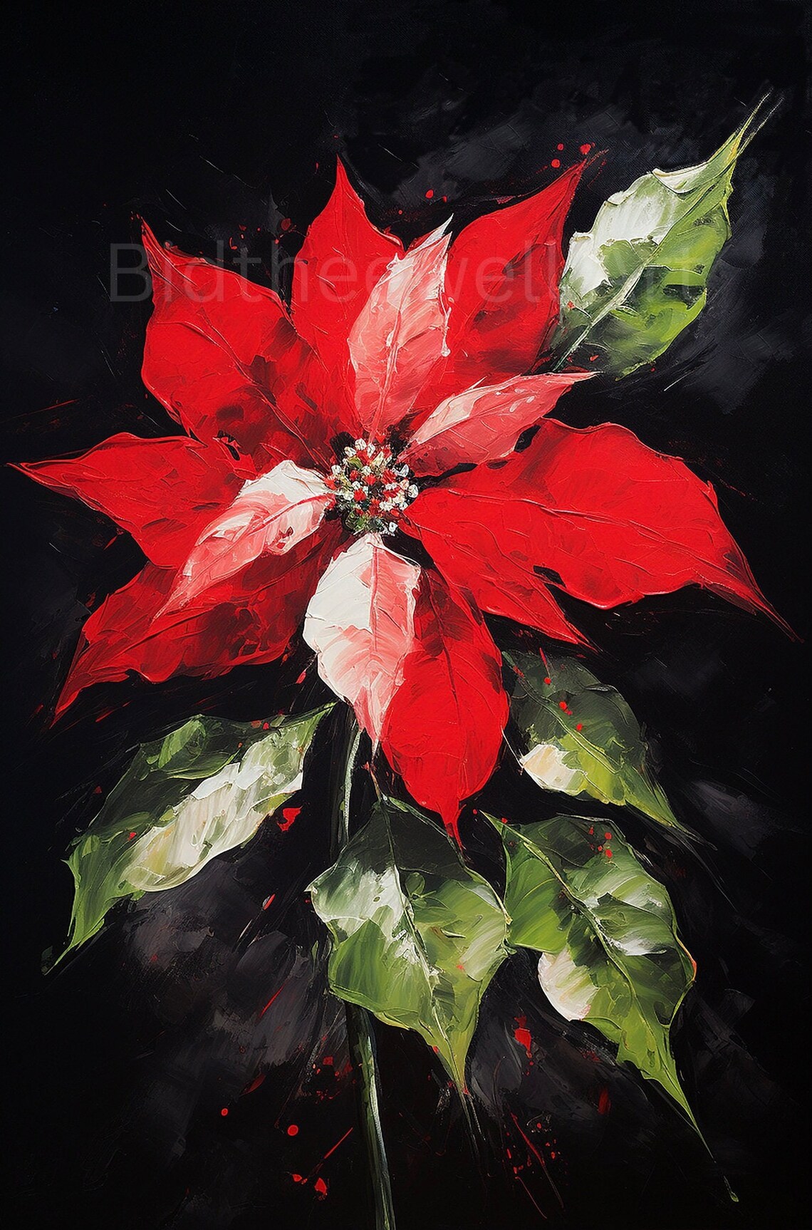 Red Poinsettia Bloom Dark Black Background Floral Art Poster - Image 2