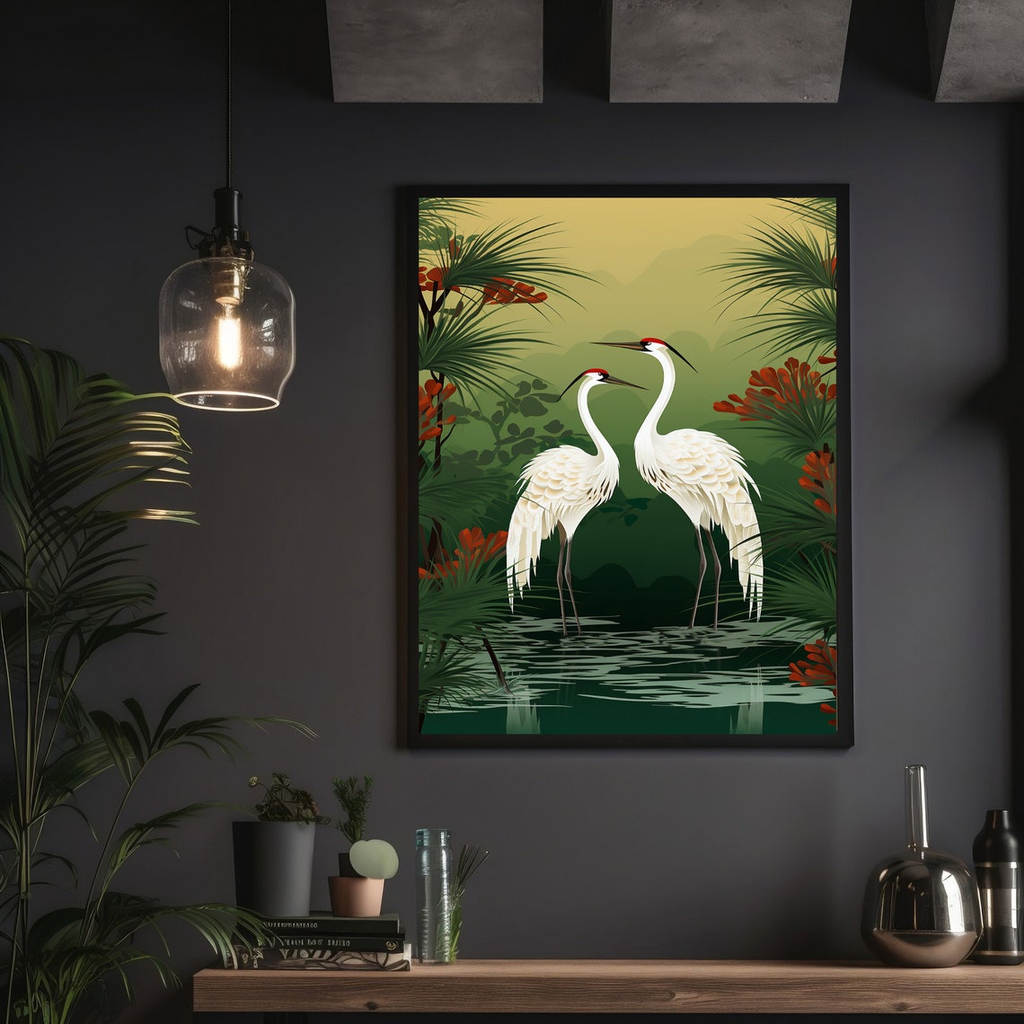 Two Japanese Cranes in Tropical Lagoon Vintage Bird Art Poster