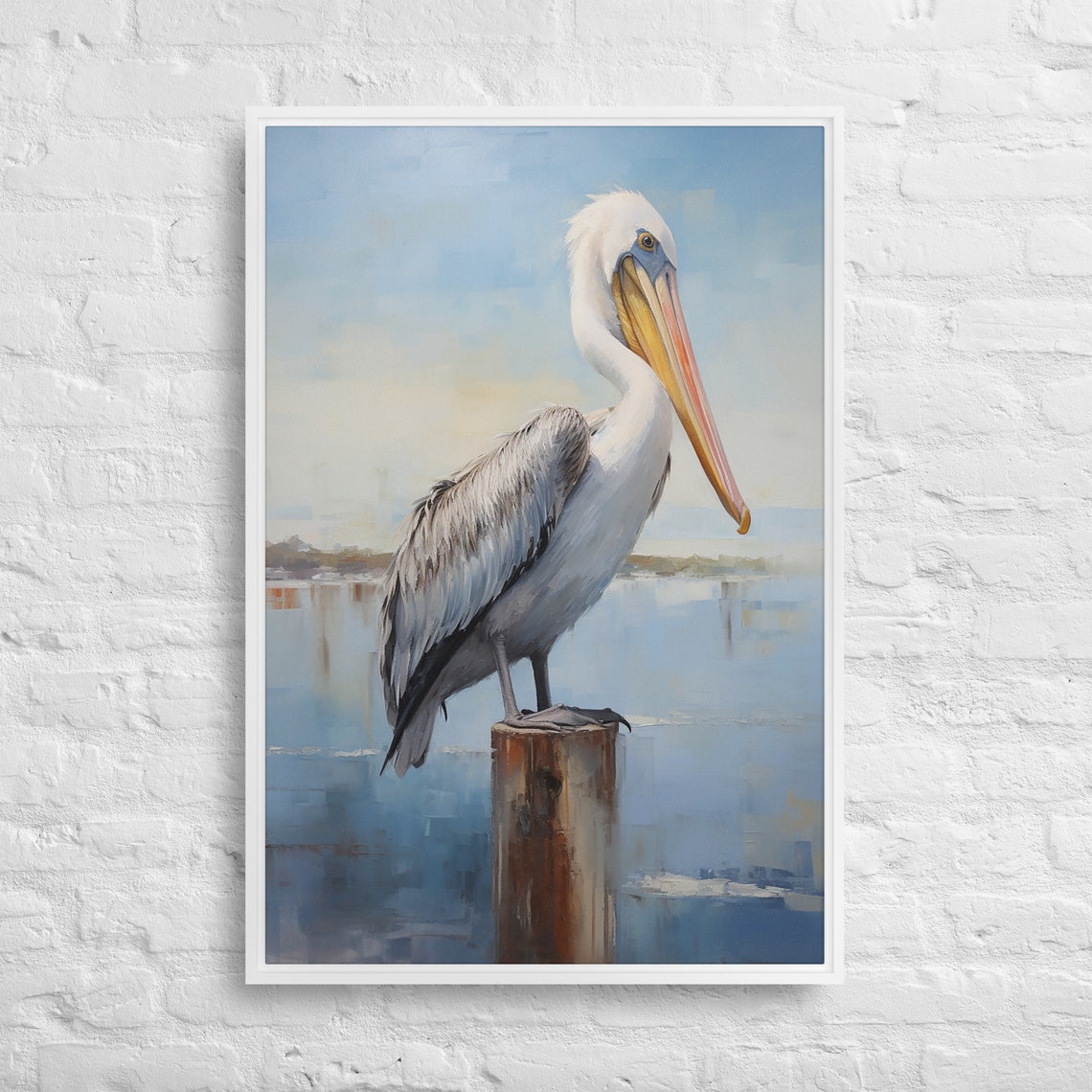 White Pelican on Dock Piling Coastal Watercolor Painting Poster