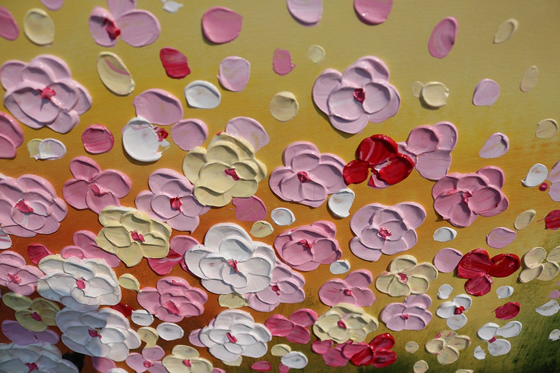 Pink Yellow Cherry Blossom Canopy On Gold Green Textured Oil Poster - Image 2
