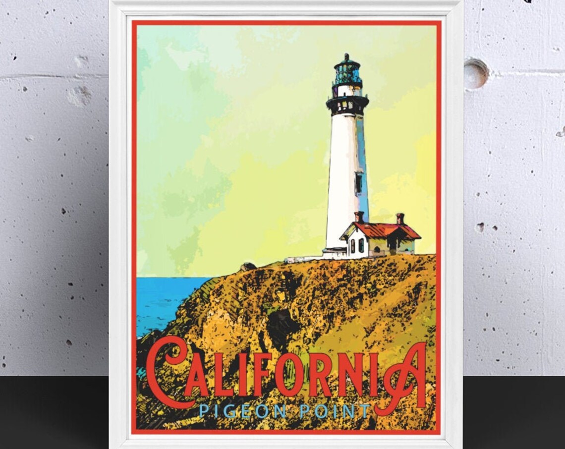 California Pigeon Point Lighthouse Coastal Cliff Vintage Poster