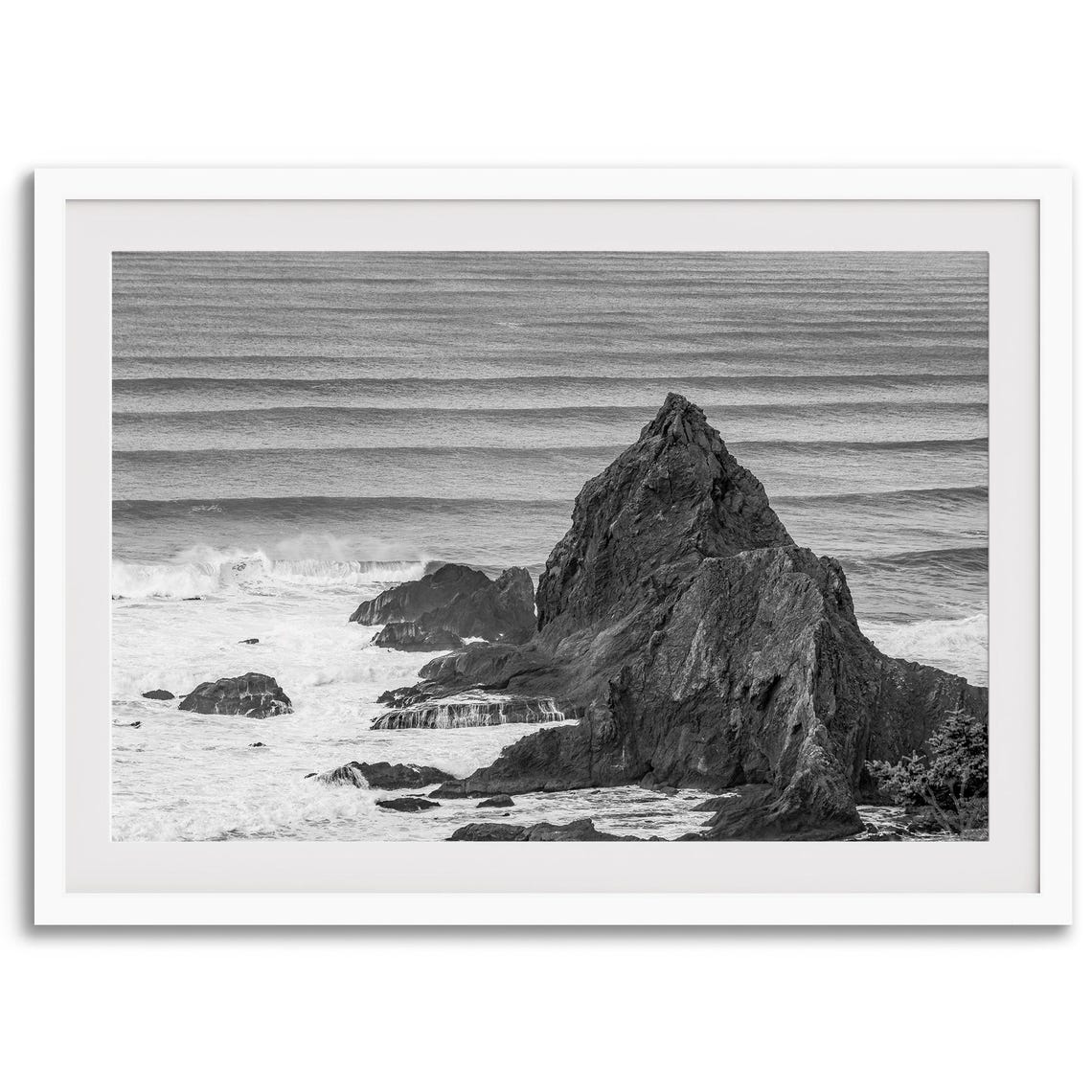Rocky Sea Stack Rhythmic Ocean Waves Black And White Coastal Poster - Image 2
