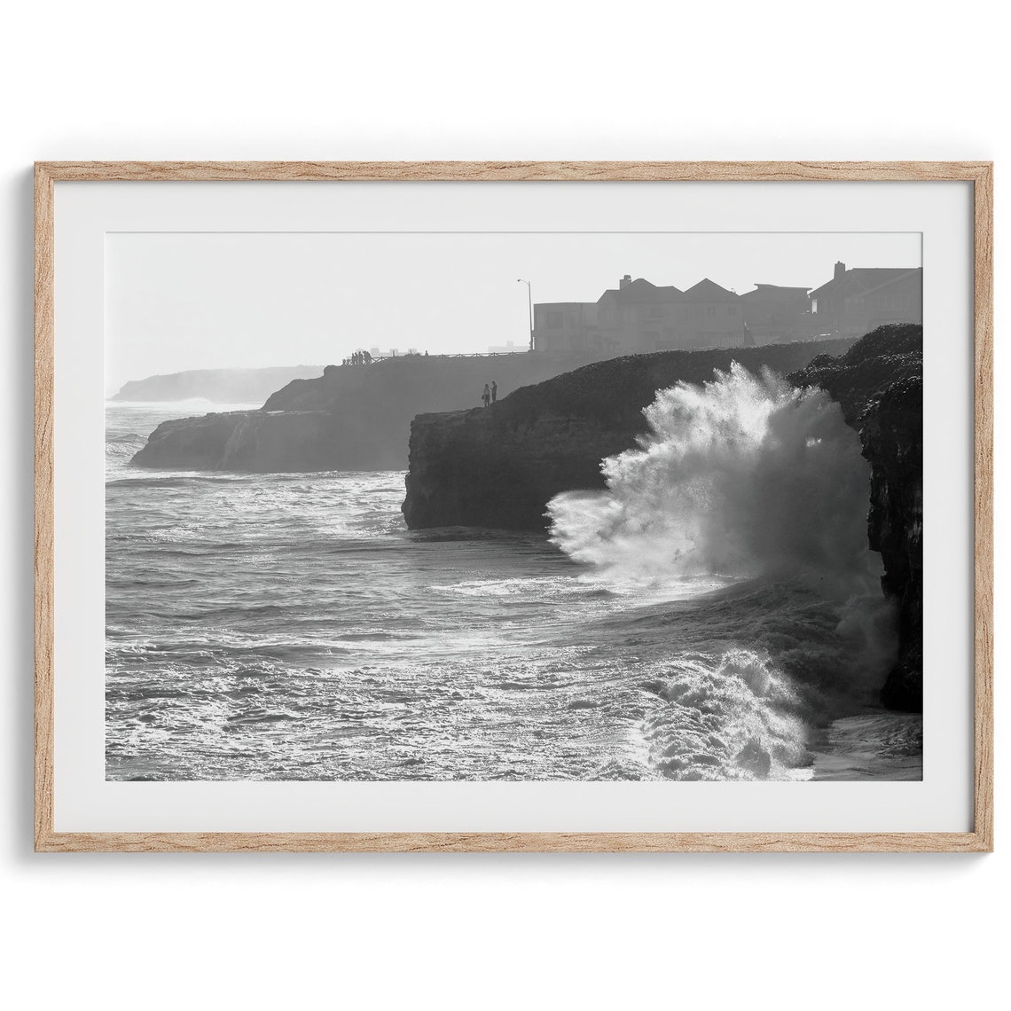 Black And White Crashing Waves Rocky Cliffs Beach Houses Coast Poster