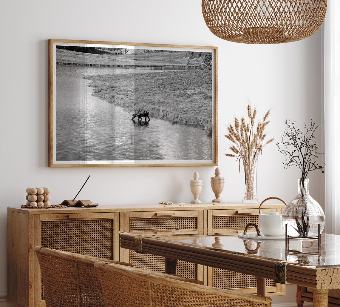 Black And White Moose River Mountain Meadow Minimalist Wildlife Poster - Image 2