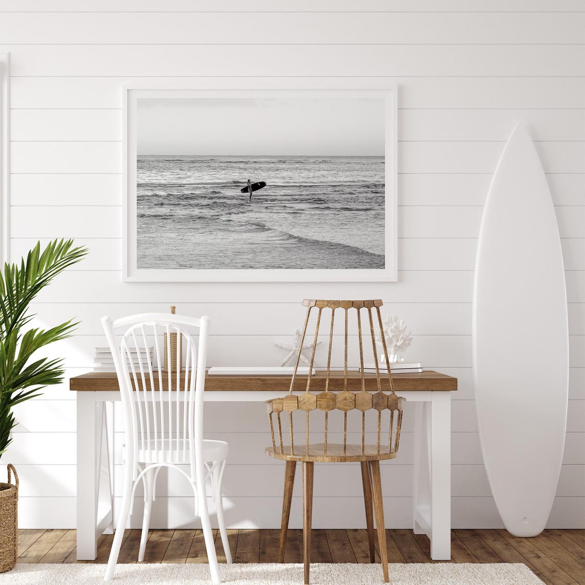 Woman Surfer Walking Out Ocean Longboard Black And White Beach Poster - Image 2
