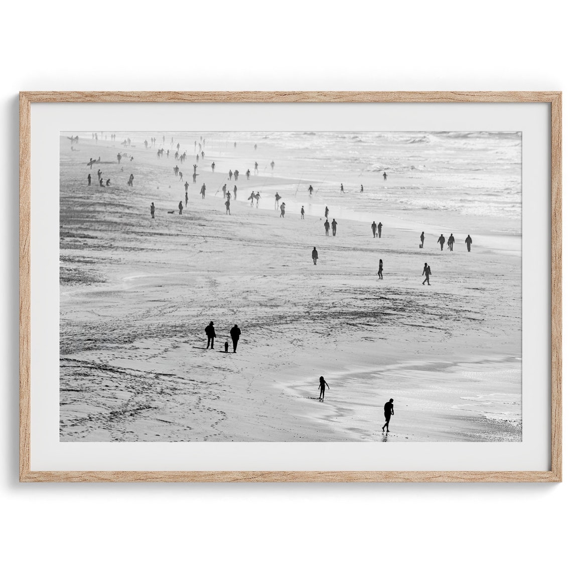 Black And White Crowded Beach People Shore Silhouettes View Poster