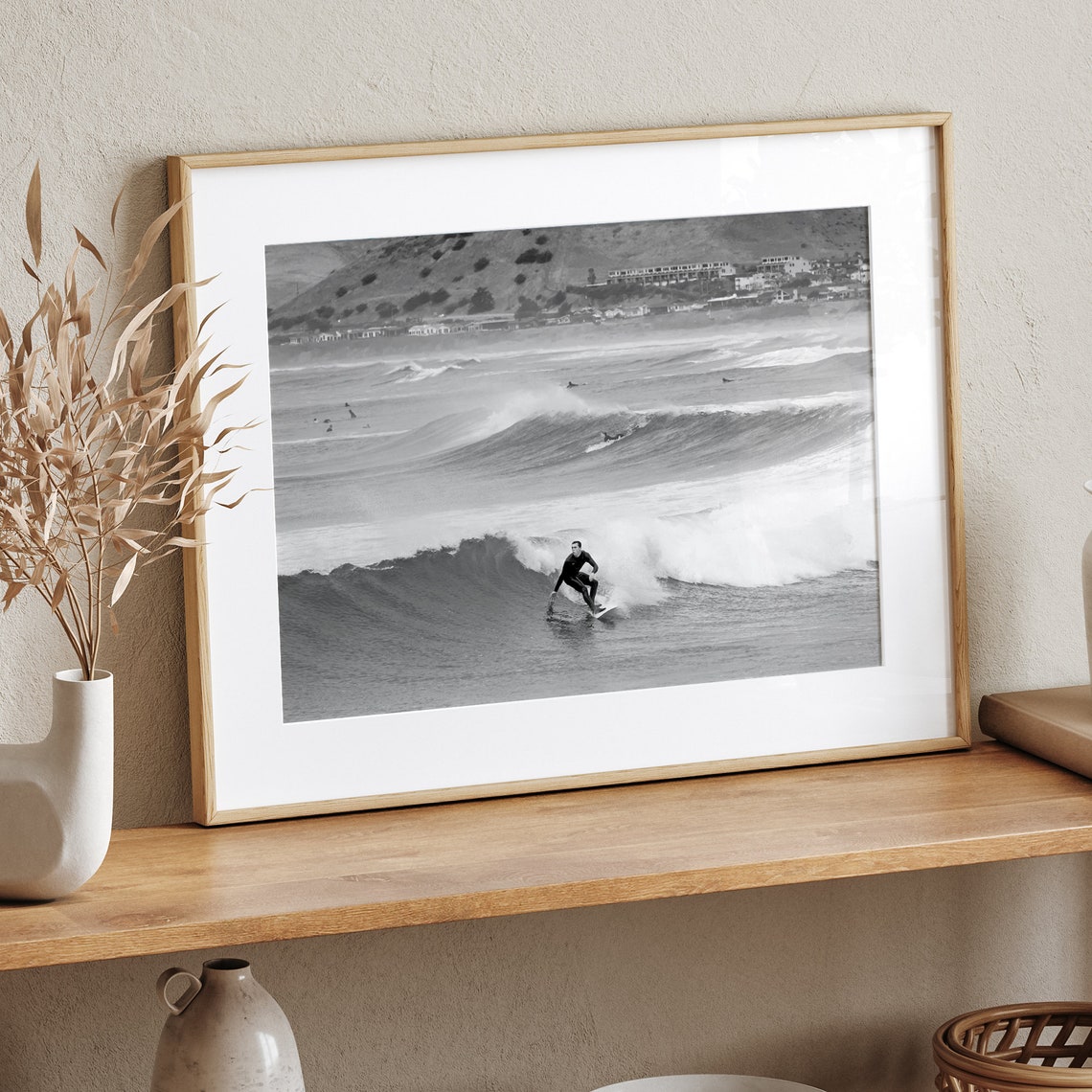 Black And White Surfer Riding Wave California Beach Town Surf Poster - Image 5