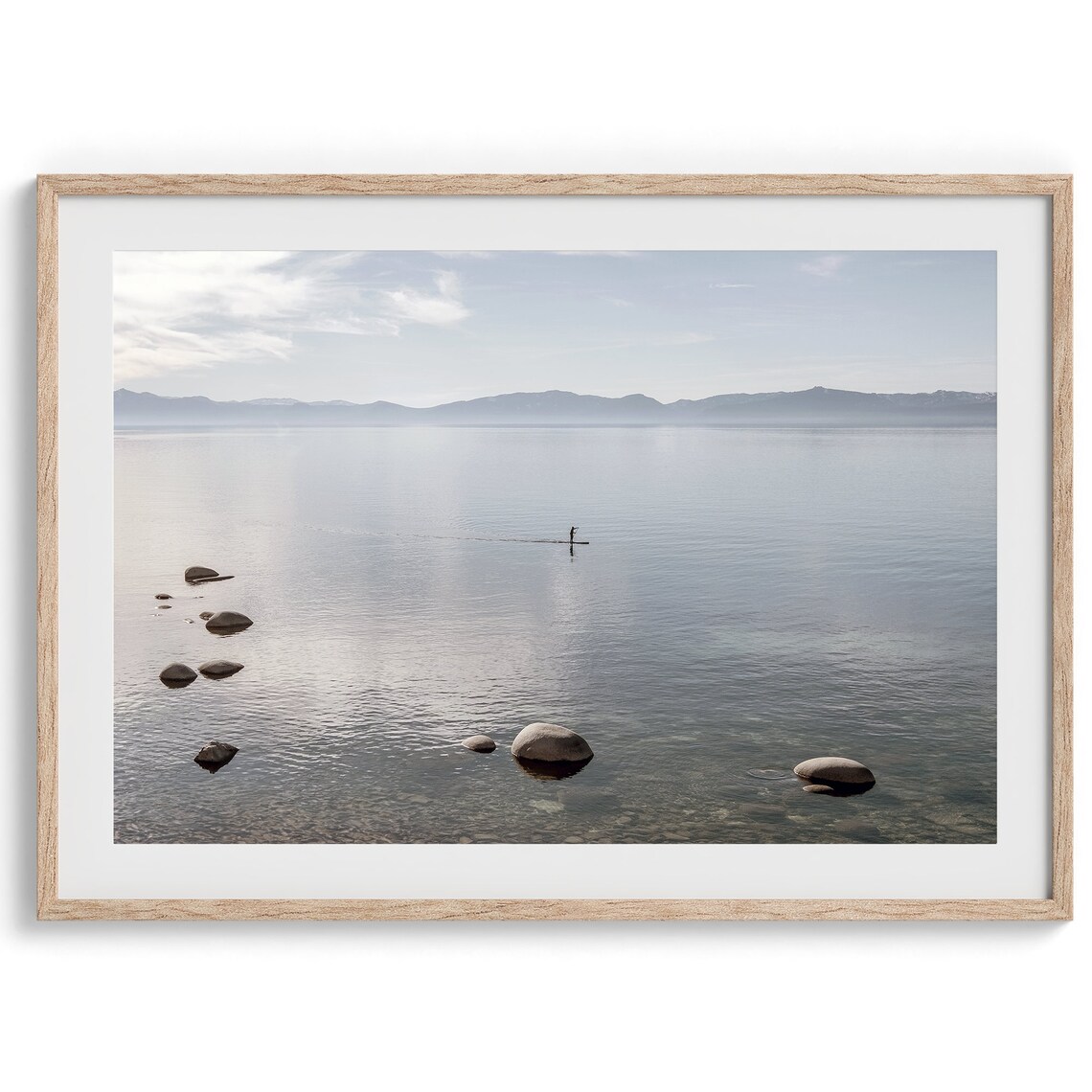 Lake Tahoe Calm Water Paddleboarder Misty Mountain View Travel Poster